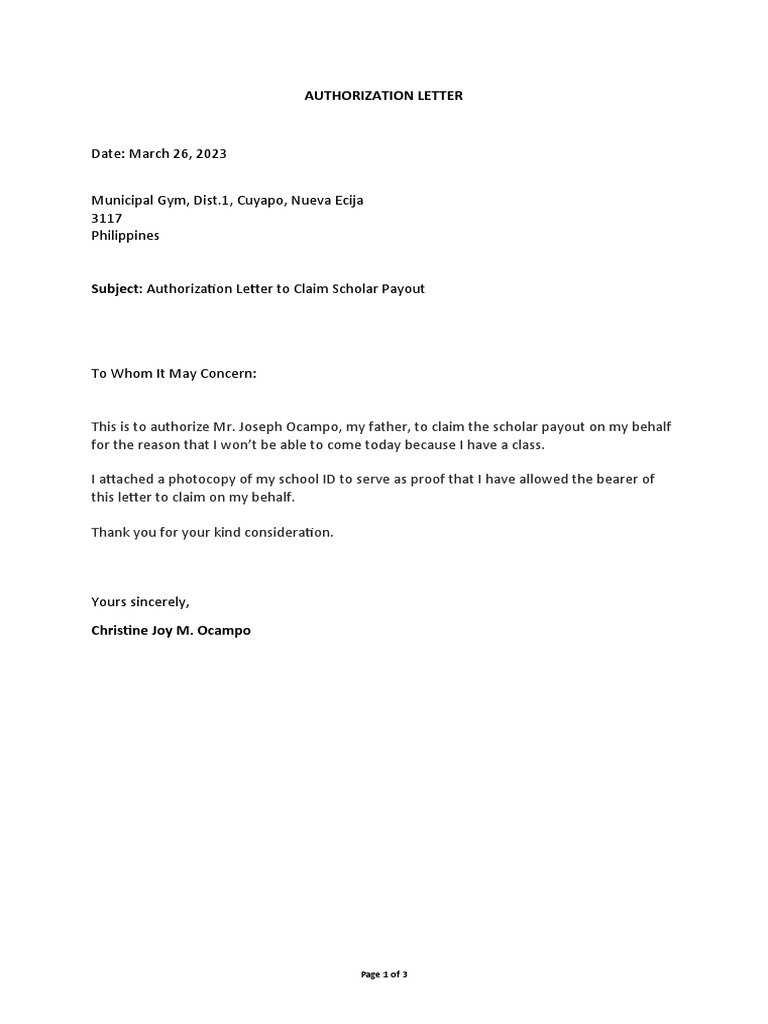 Authorization letter to claim salary pdf