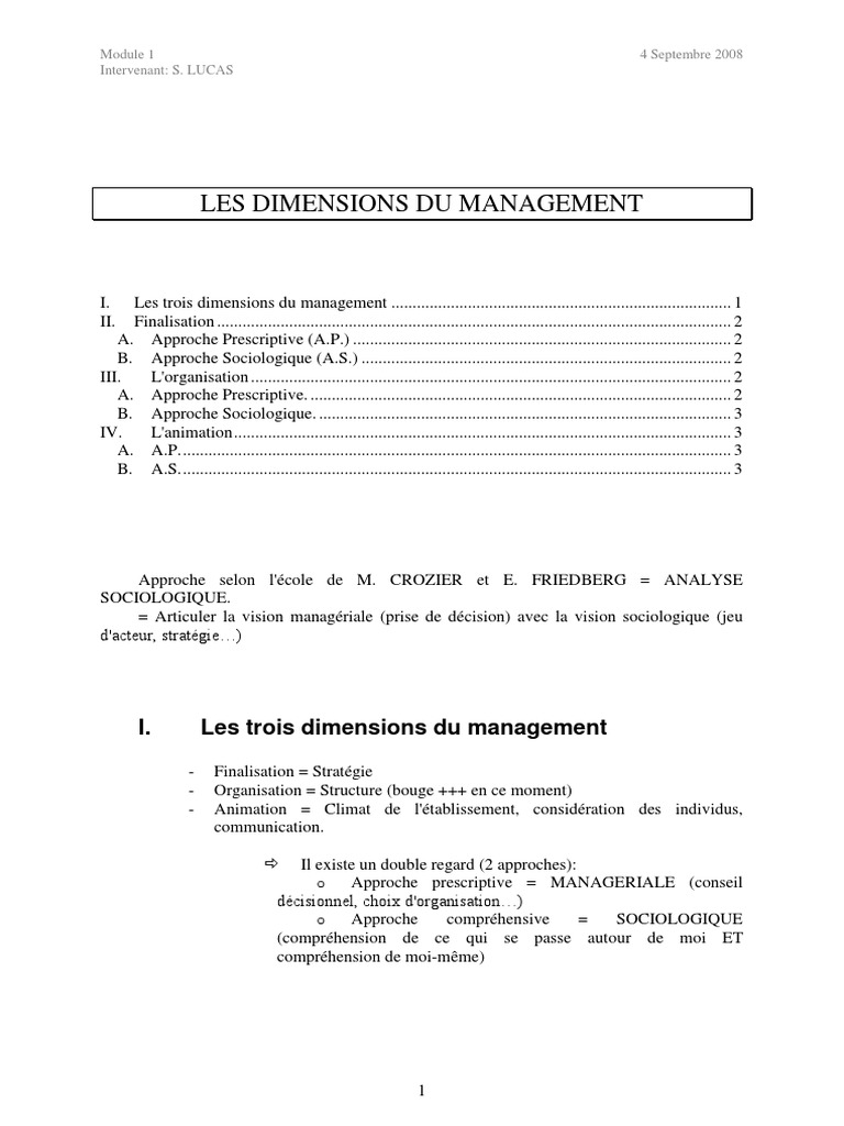 Dimensions du Management : Approches et Stratégies | PDF