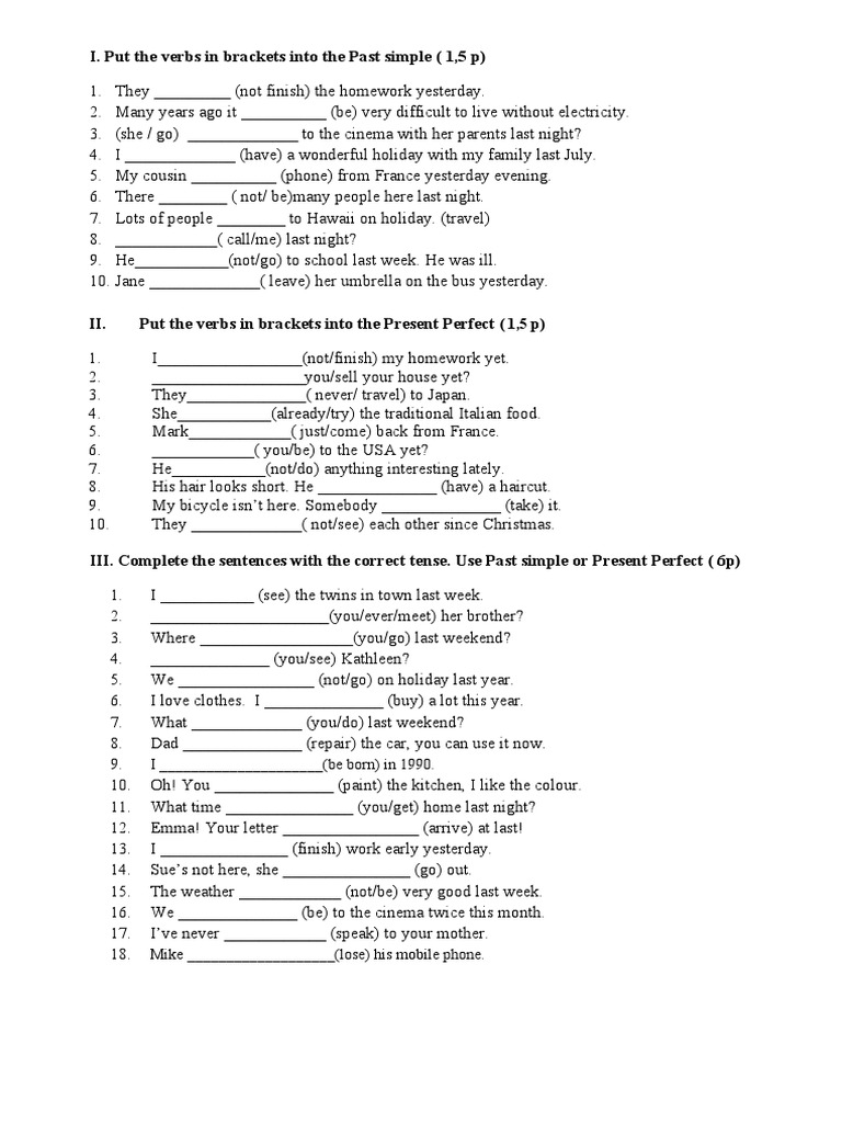 Test Present Perfect - Past Simple | PDF | Perfect (Grammar ...