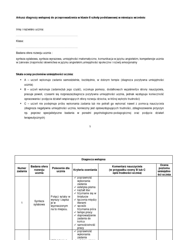 Diagnoza Klasa 2 Nowa Era Klasa 2 Arkusz Nauczyciela Do Diagnozy Wstępnej | PDF