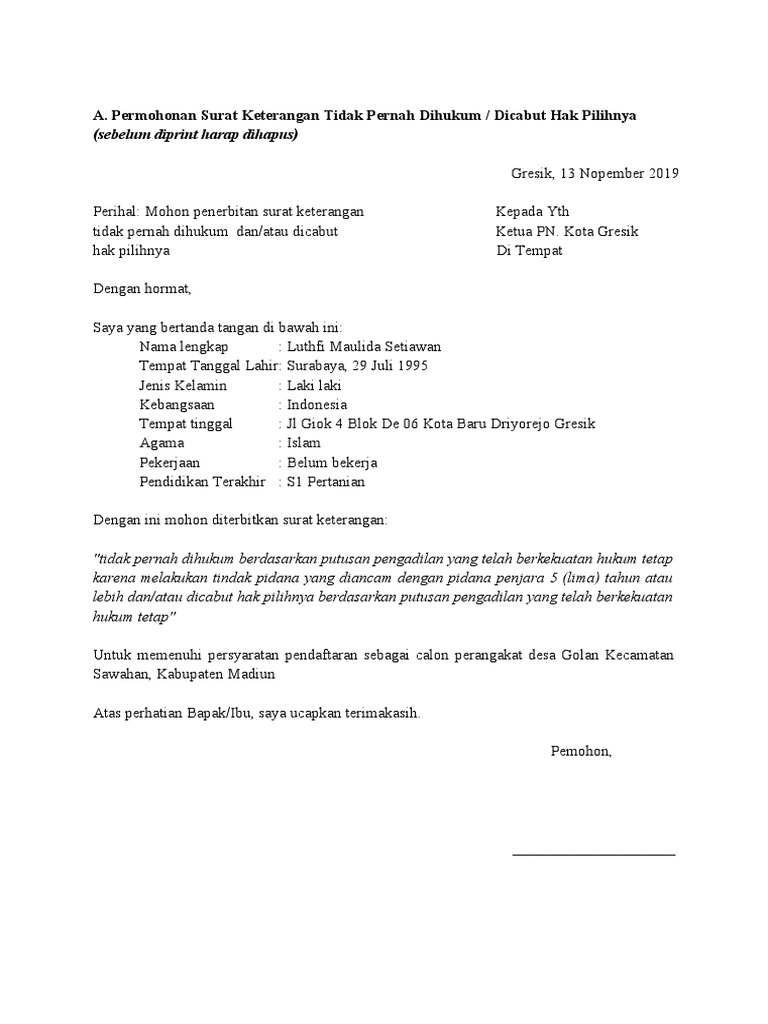 Surat Pernyataan Tidak Pernh Dicabut Hak Pilihnya | PDF