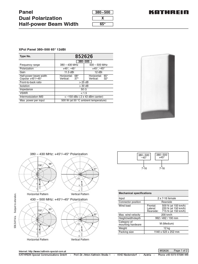 Kathrein XPol Panel 380500 МГц PDF PDF Antenna (Radio) Decibel