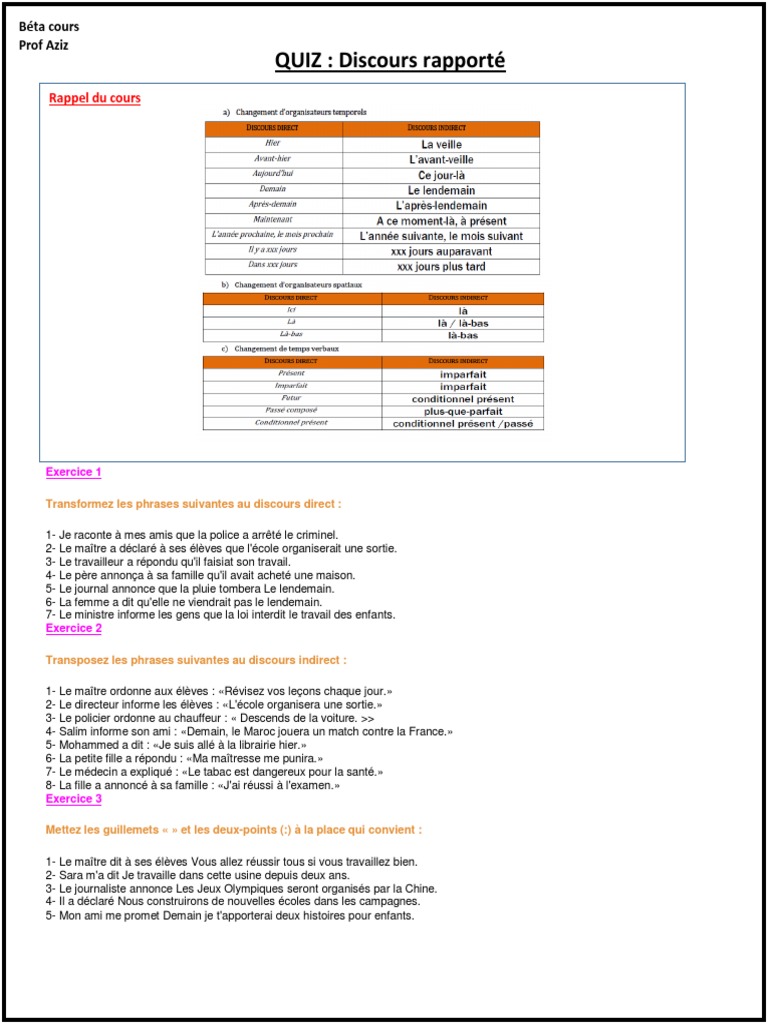 Quiz sur le discours rapporté | PDF