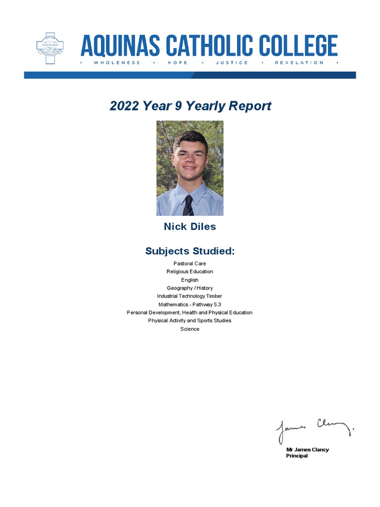 2022 year 9 yearly report nick diles subjects studied pdf