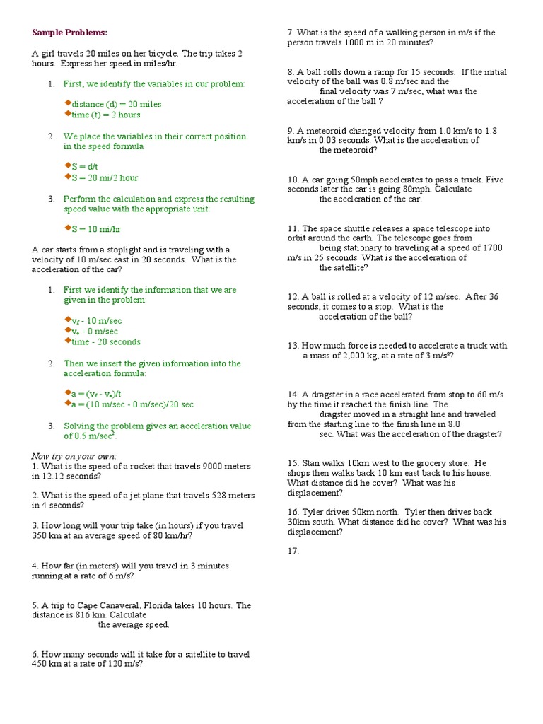 Speed and Velocity Problem Set | PDF | Speed | Velocity