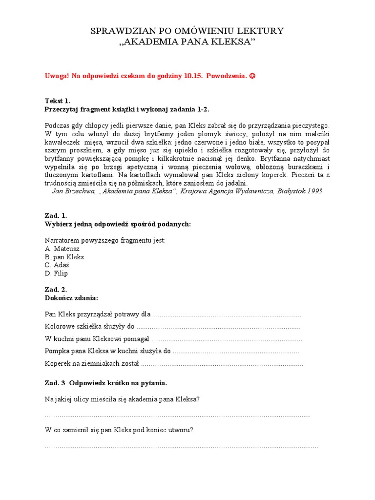 Test Z Akademii Pana Kleksa Test Podsumowujacy Lekture Akademia Pana Kleksa Kl. 4. | PDF