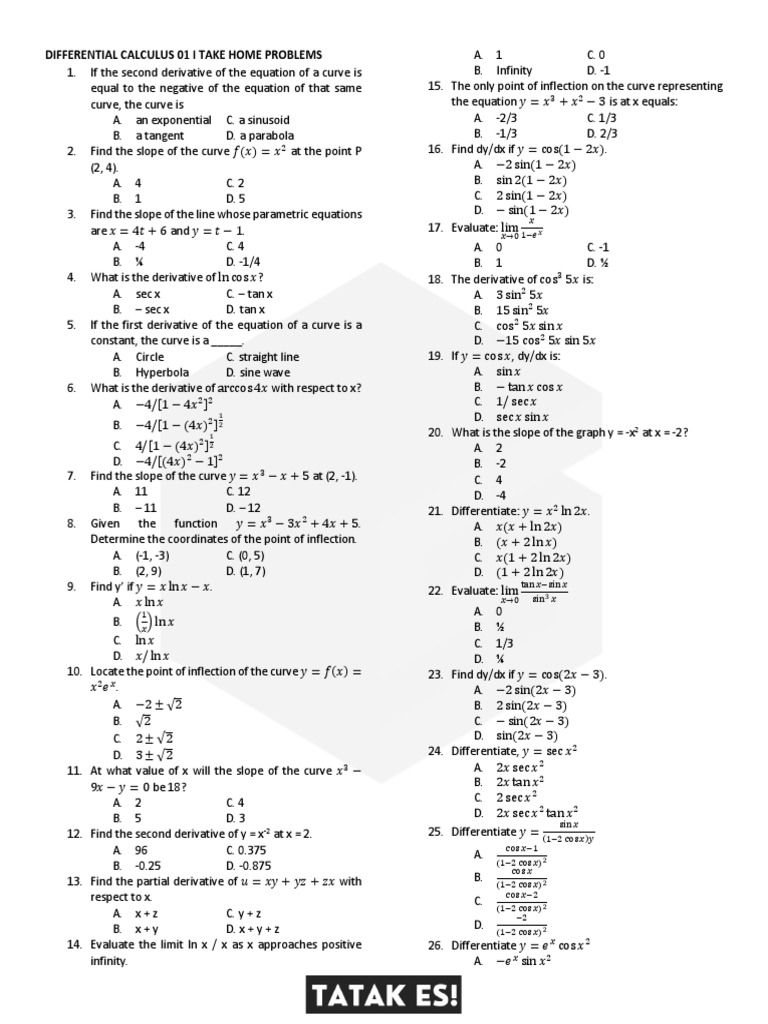 Differential Calculus 01-Take Home Problems | PDF | Tangent | Derivative