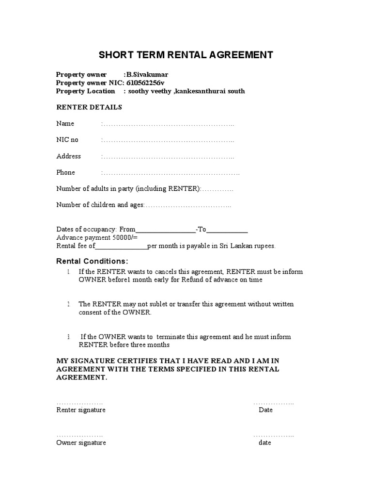 Short Term Rental Agreement PDF