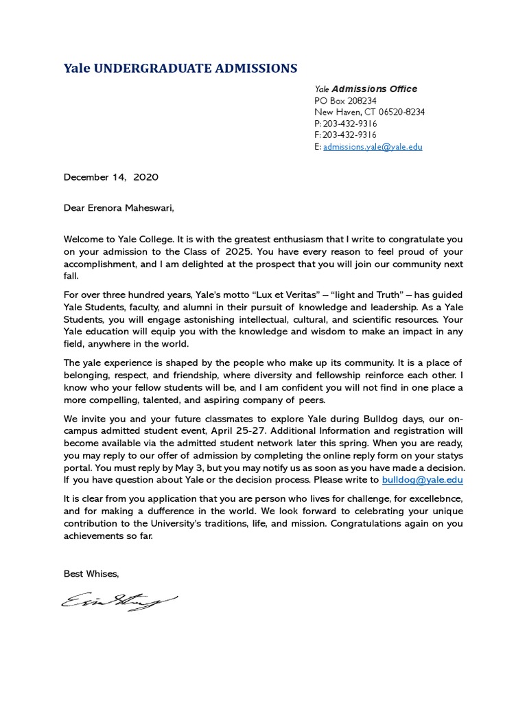 Yale Admissions Letter Student to Class of 2025 PDF
