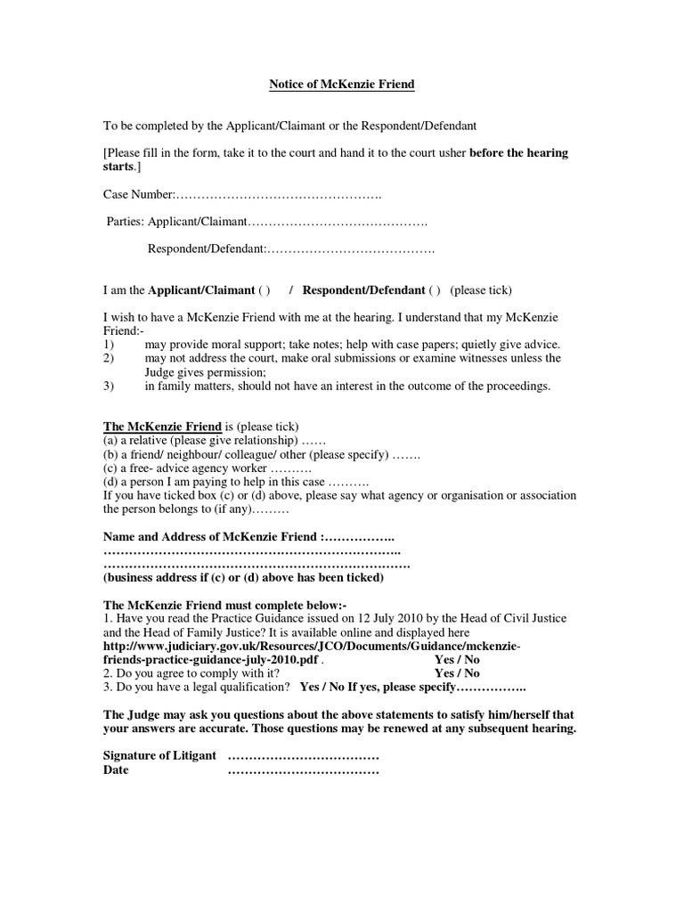 Notice of Mckenzie Friend PDF PDF