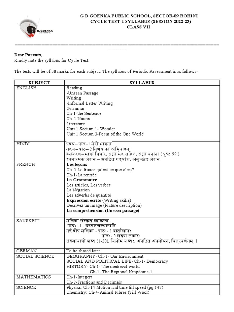 Cycle Test 1syllabusclass 7 1 PDF