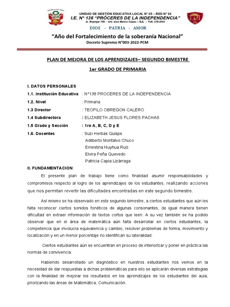 Plan de Mejora para 1er Grado de Primaria | PDF | Salón de clases ...