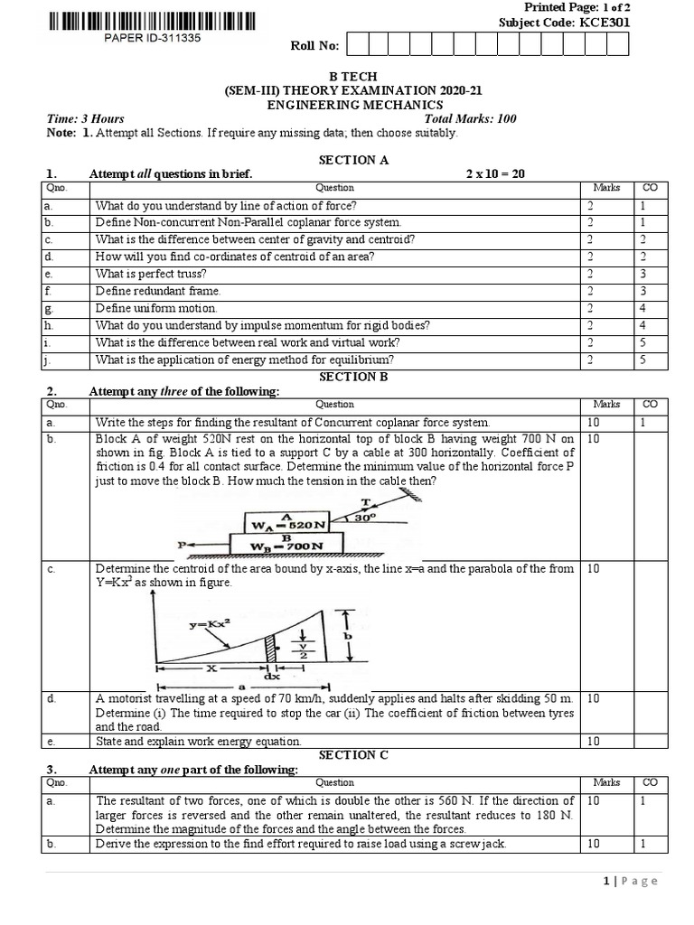 Engineering Mechanics Exam Paper 2021 | PDF | Force | Acceleration