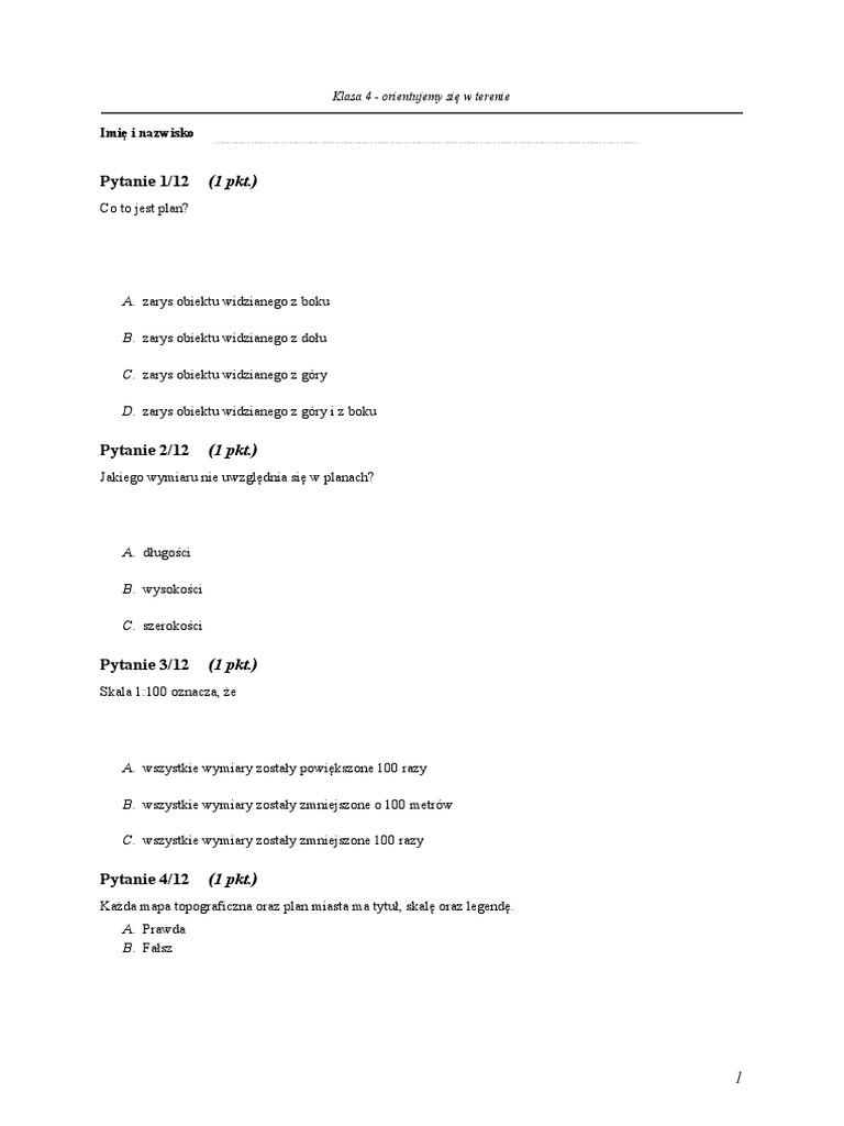 Przyroda Klasa 4 Orientacja W Terenie I Pogoda Sprawdzian Klasa 4 - Orientujemy Siƒô W Terenie - Pytania | PDF