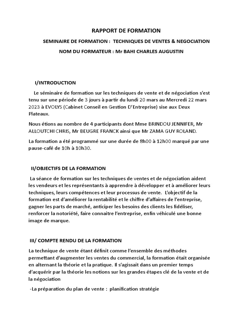Rapport de formation : Techniques de vente | PDF | Sodles | Négociation