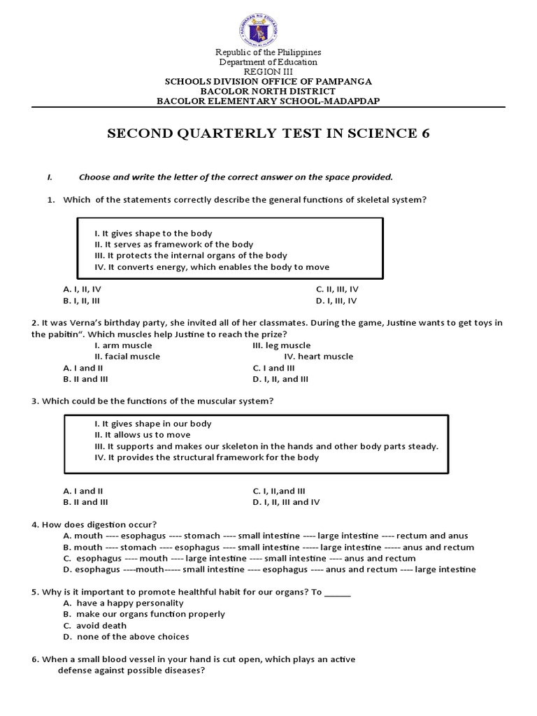 Second Periodical Test In Science 6 Final Pdf Human Body Skin