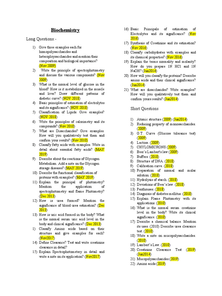 Biochemistry Long Questions PDF Spectrophotometry High Density