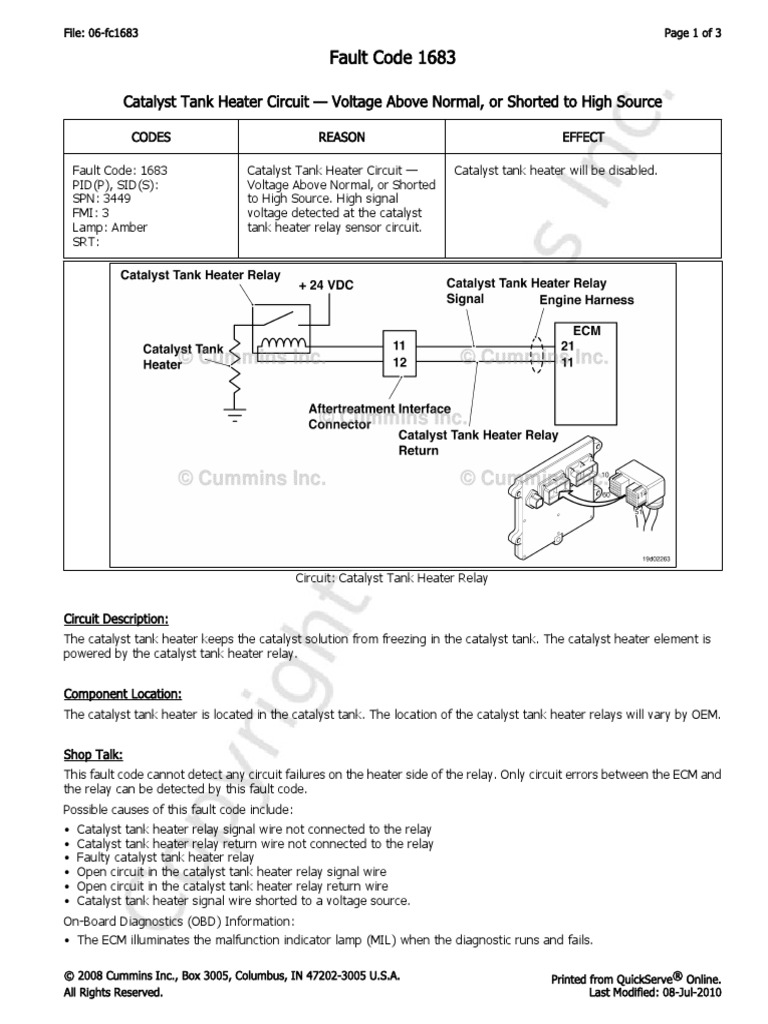 06fc1683 Catalyst Tank Heater Circuit Voltage Above Normal, or