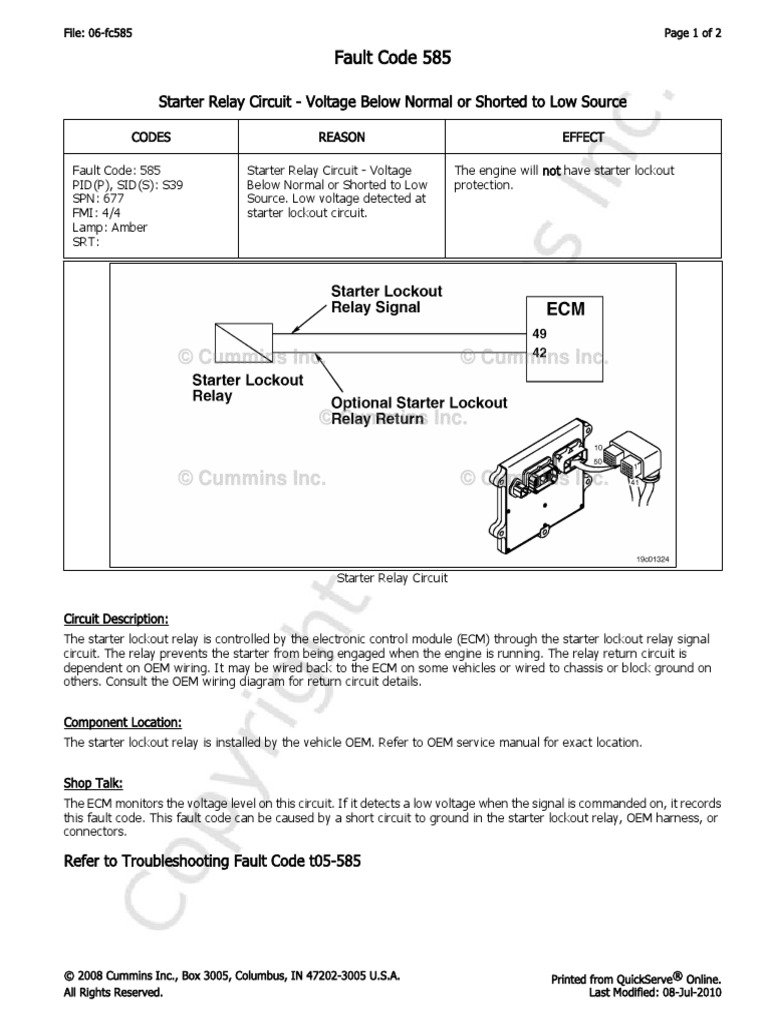 06 fc585 starter relay circuit voltage below normal or shorted to low