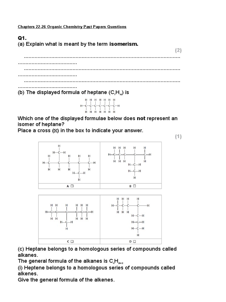 Organic Chemistry Past Paper Questions | PDF | Alkene | Alkane