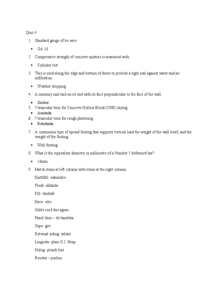 Construction Quiz: Materials & Techniques | PDF | Deep Foundation ...