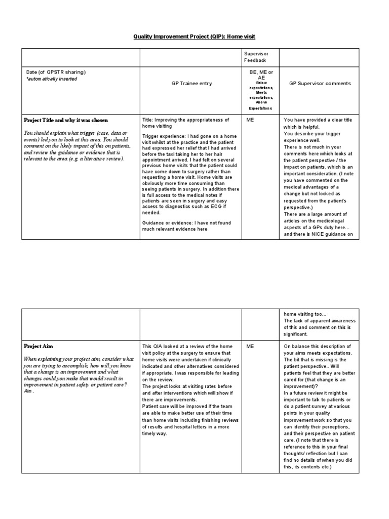 QIP Example Home Visit With ES Responses PDF Sustainability Patient