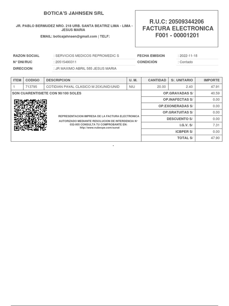 Factura Electrónica Botica Jahnsen | PDF | Tecnología bancaria | Pagos