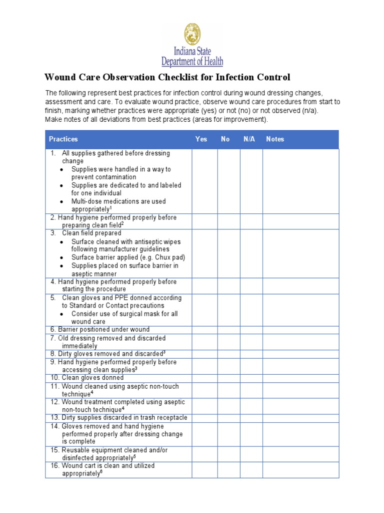ISDH Wound Care Assessment Tool PDF Hand Washing Hygiene