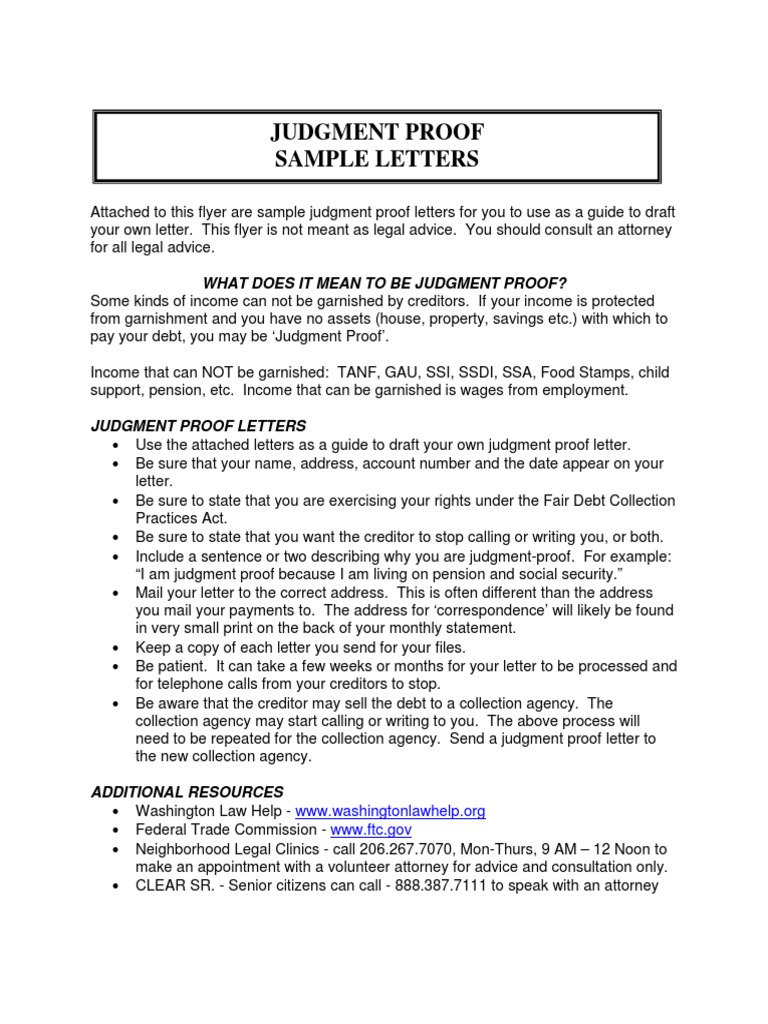 Judgment Proof Sample Letters PDF Garnishment Money