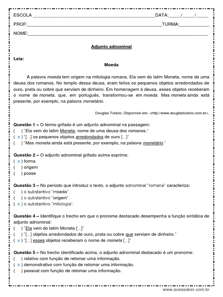 Atividade de Portugues Adjunto Adnominal 8º Ano Respostas PDF | PDF