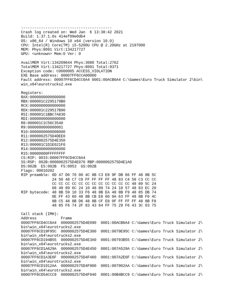 Euro truck simulator 2 crash log analysis memory access violation in