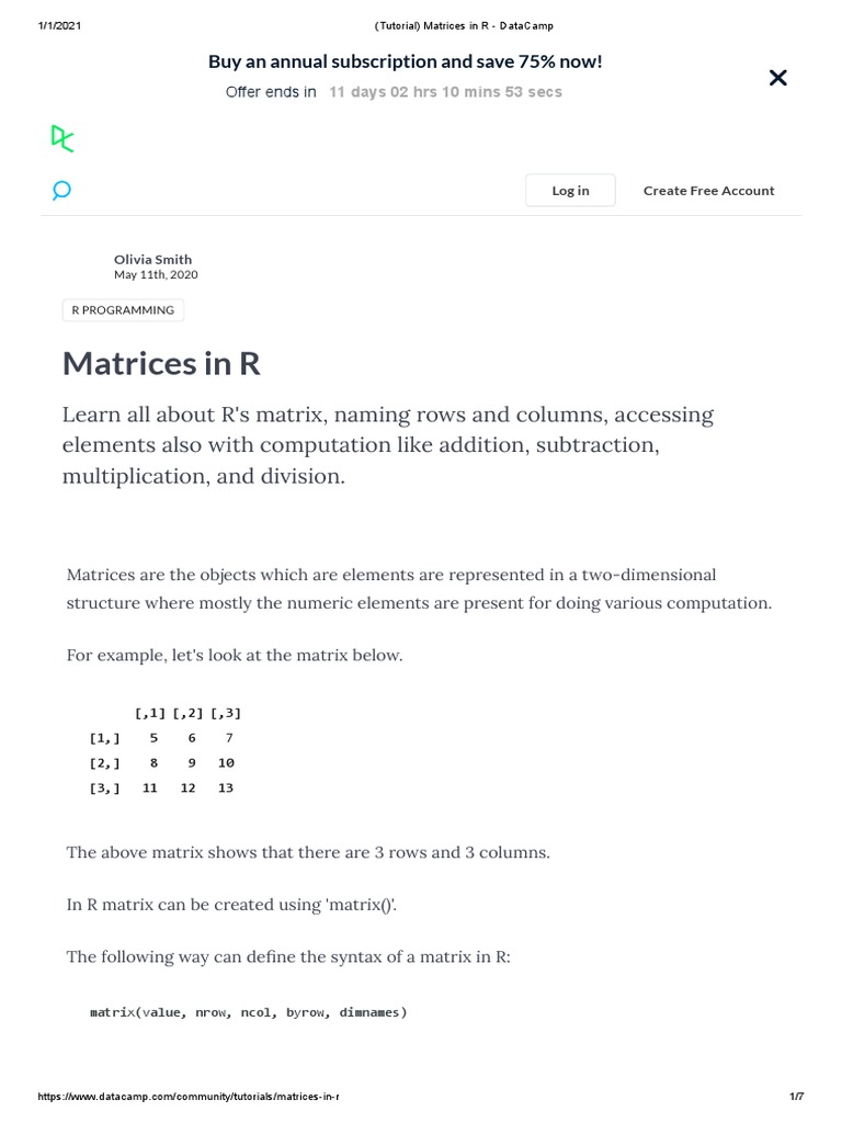 (Tutorial) Matrices in R - DataCamp | PDF | Matrix (Mathematics ...