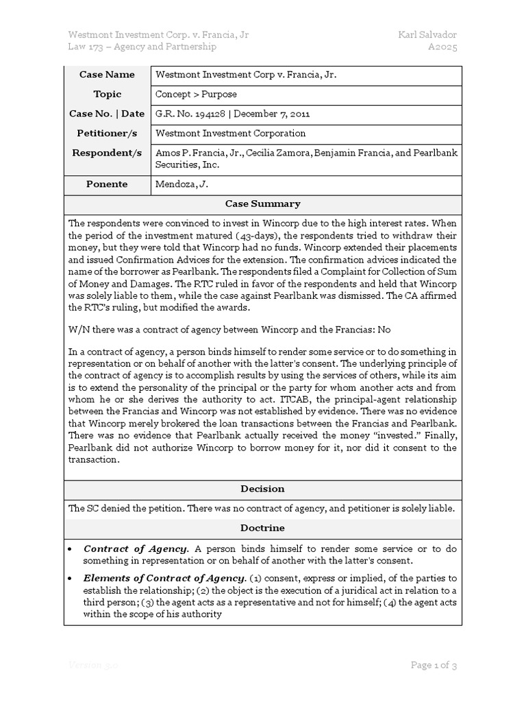 173.002 Westmont Investment Corp v. Francia, JR (2011) Digest PDF
