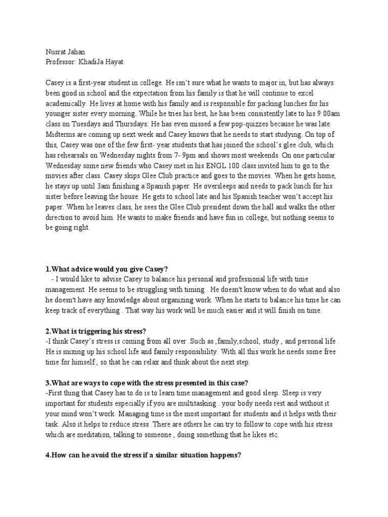 Casey's Case PDF Stress (Biology) Psychology