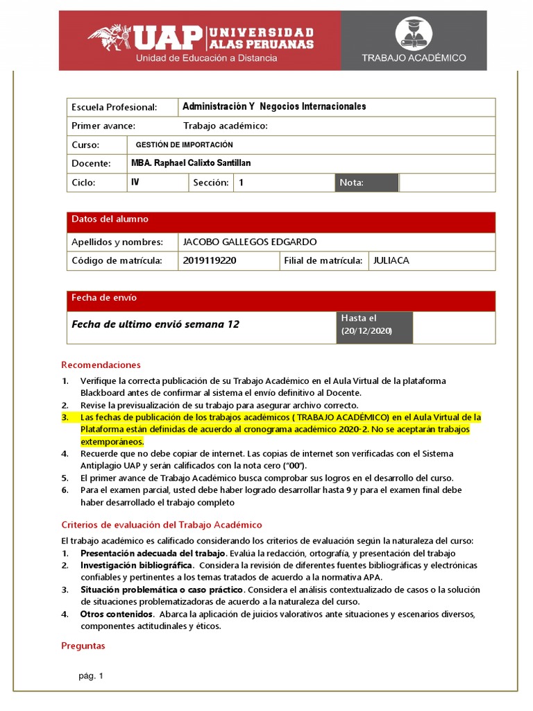 Trabajo De Gestion De Importacion Pdf Aduana Perú