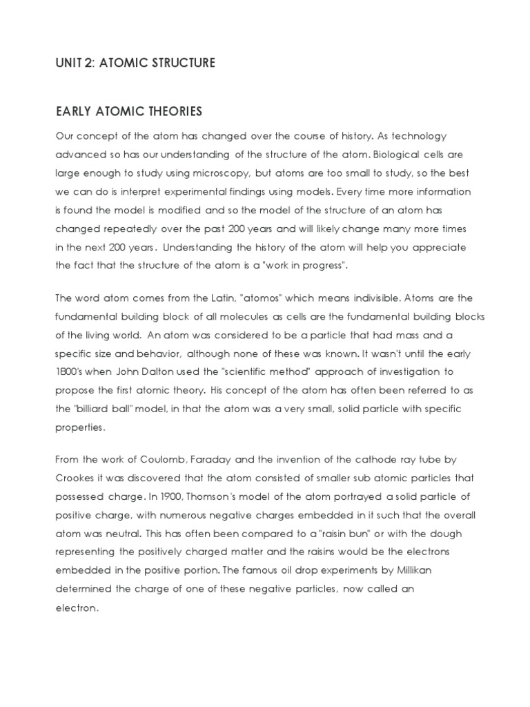 VSS Lesson 1 Early Atomic Theories Chemistry 12 | PDF | Electron