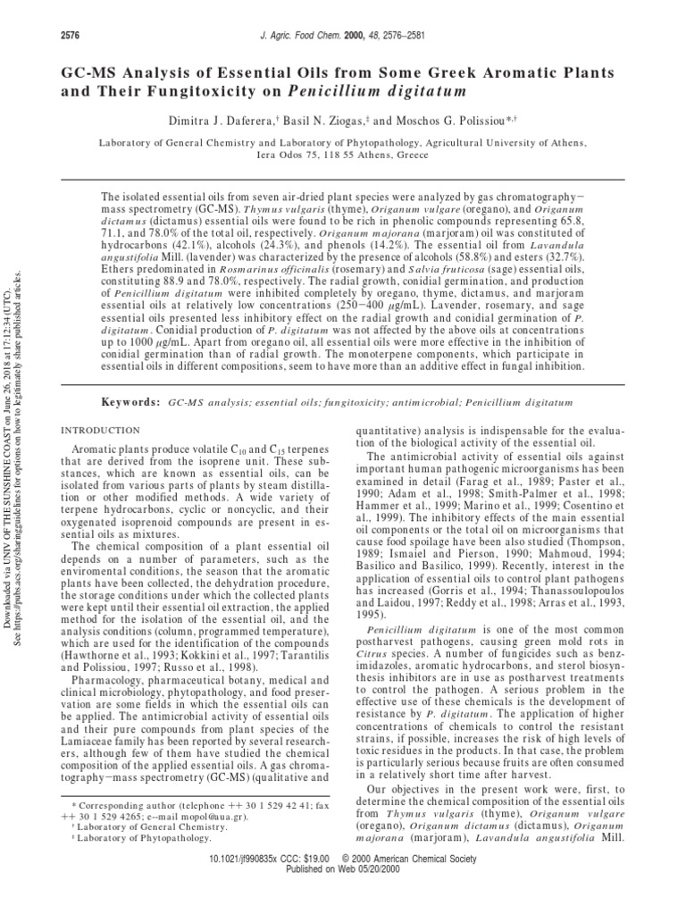 GC-MS Analysis of Essential Oils From Some Greek Aromatic Plants | PDF ...