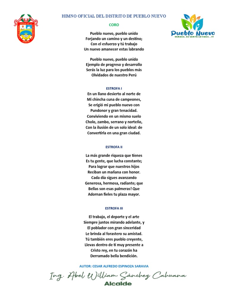 Himno Oficial Del Distrito de Pueblo Nuevo PDF