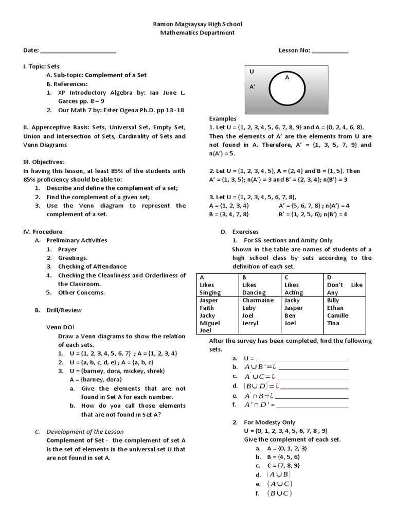 Lesson Plan in Complement of A Set PDF