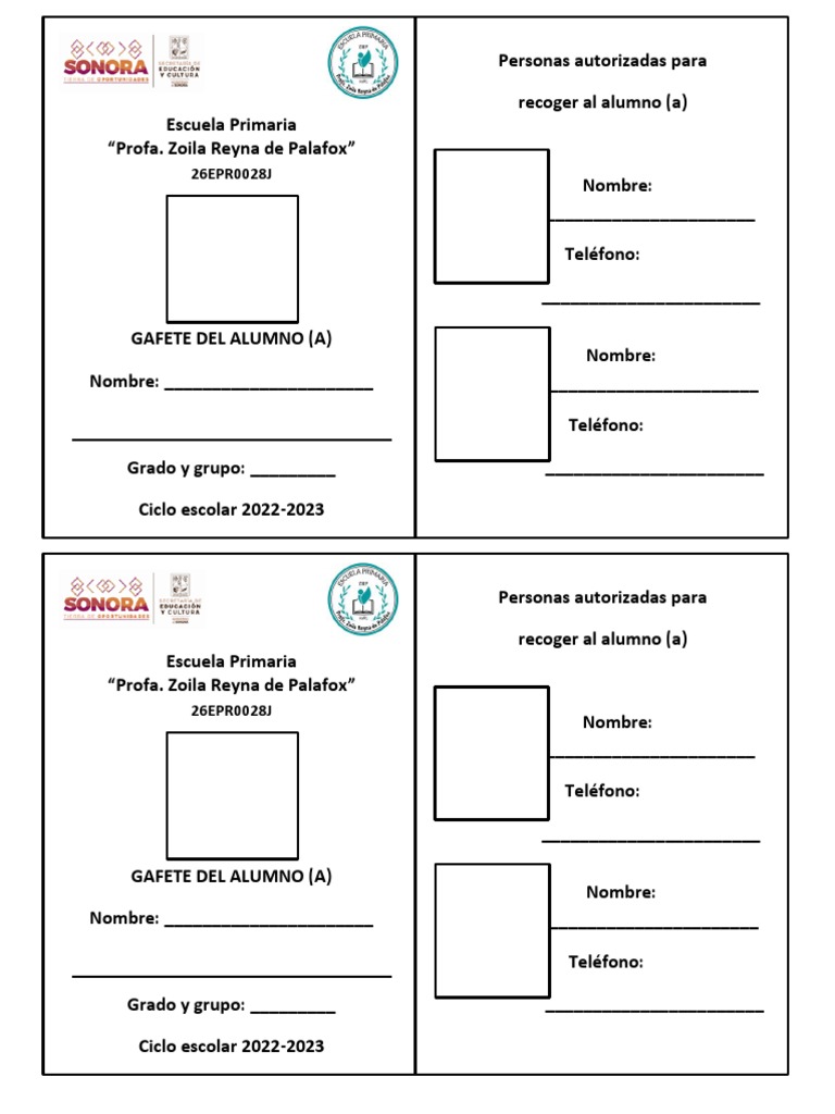 Gafete Escolar para Primaria 2022-2023 | PDF