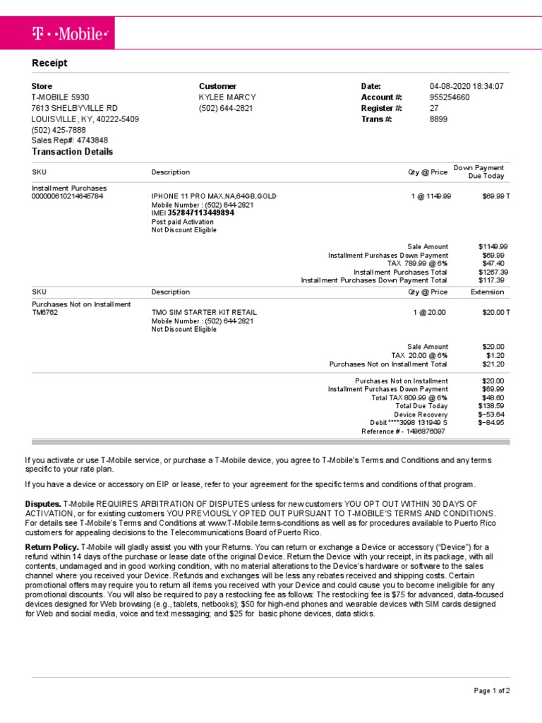 T-Mobile Receipt for iPhone 11 Purchase | PDF | T Mobile Us | Receipt