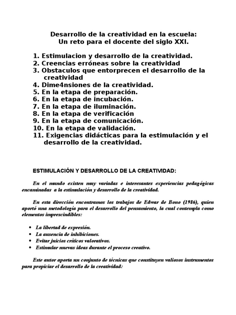 Desarrollo de La Creatividad en La Escuela | PDF | Creatividad ...