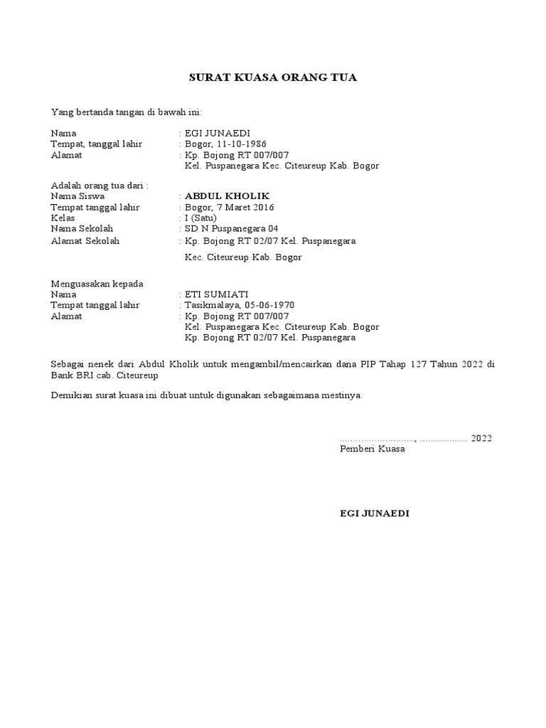 Surat Kuasa Orangtua-Wali | PDF