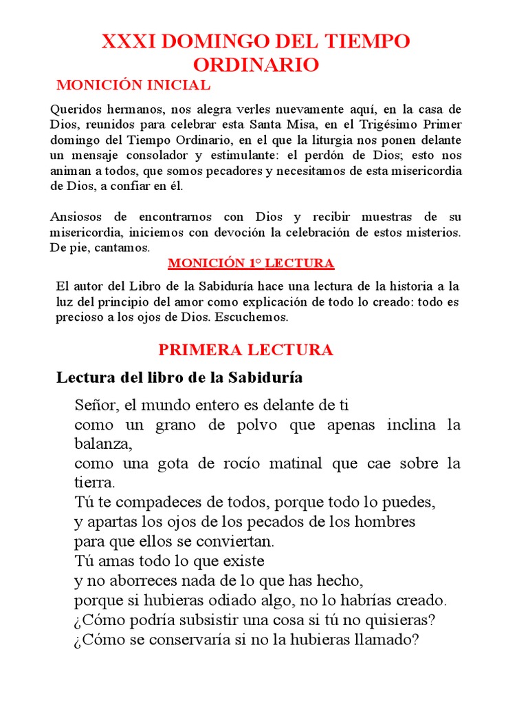 LECTURAS y MONICIÓN 30 DE OCTUBRE XXXI DOMINGO DEL TIEMPO ORDINARIO DEL