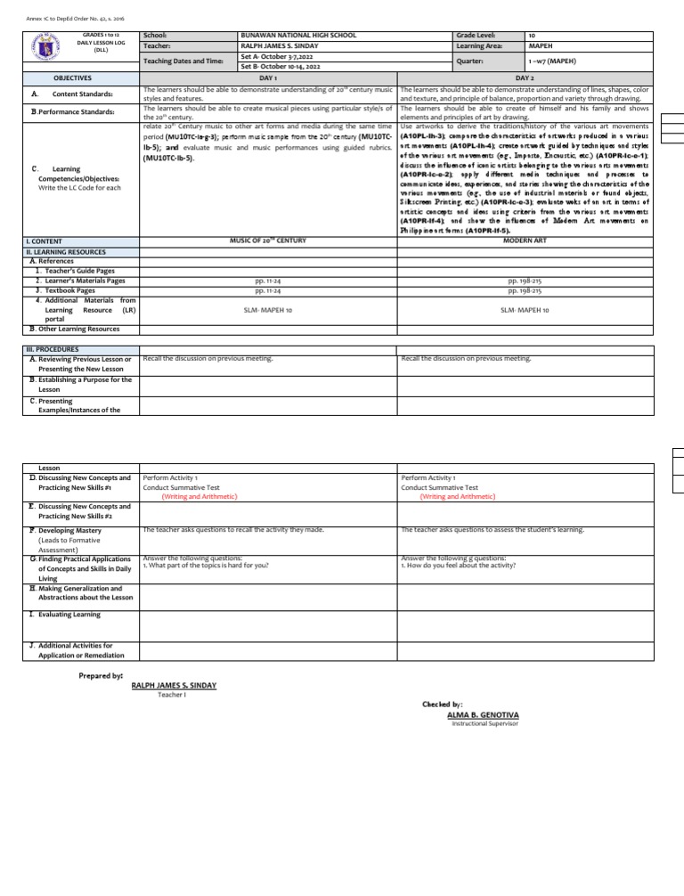 Daily Lesson Log for MAPEH Grade 10 | PDF | Cognitive Psychology | Teaching