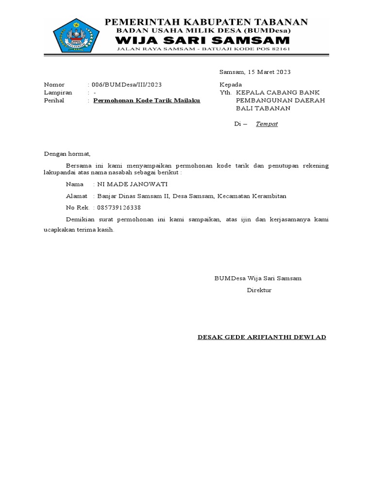 Surat Permohonan Peraikan Kode Token Dan Penutupan Rekening Mailaku PDF