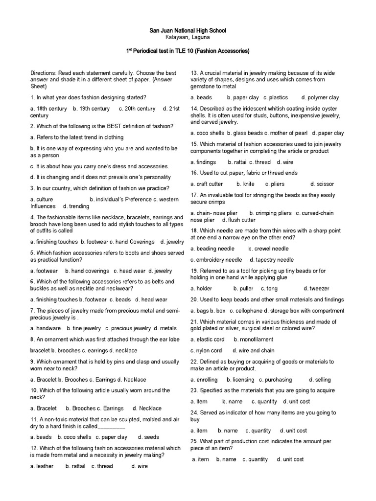 1st Periodical Test in TLE Fashion Accessories 10. PDF Jewellery Bead