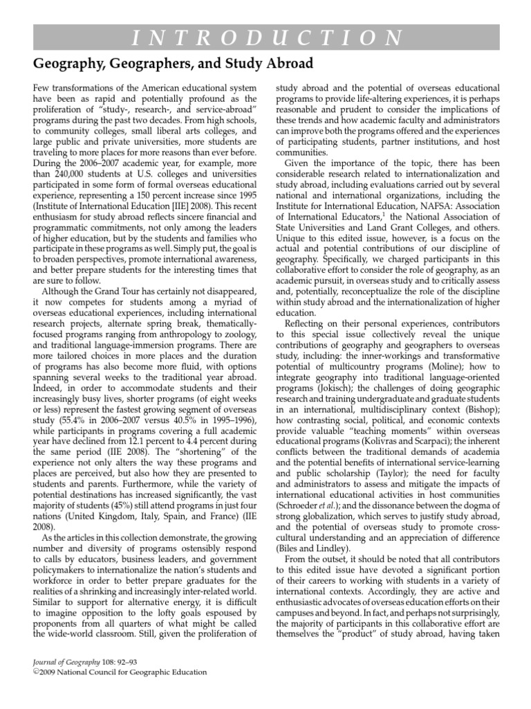 Geography, Geographers, and Study Abroad PDF International Student