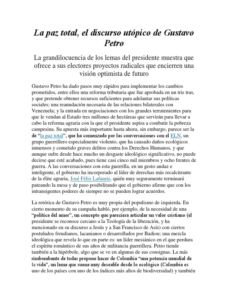 La utopía de la paz total de Petro | PDF