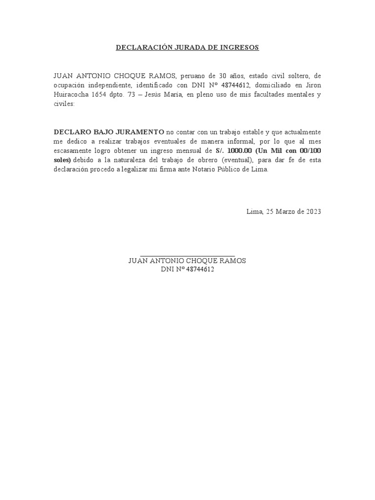 Declaración Jurada de Ingresos 2023 | PDF